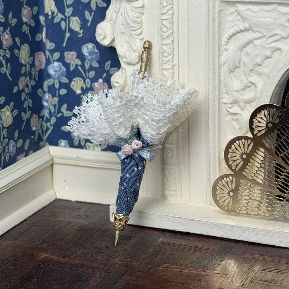 VTG 1:12 Dollhouse Miniatures Victorian Parasol Umbrella Blue White Roses